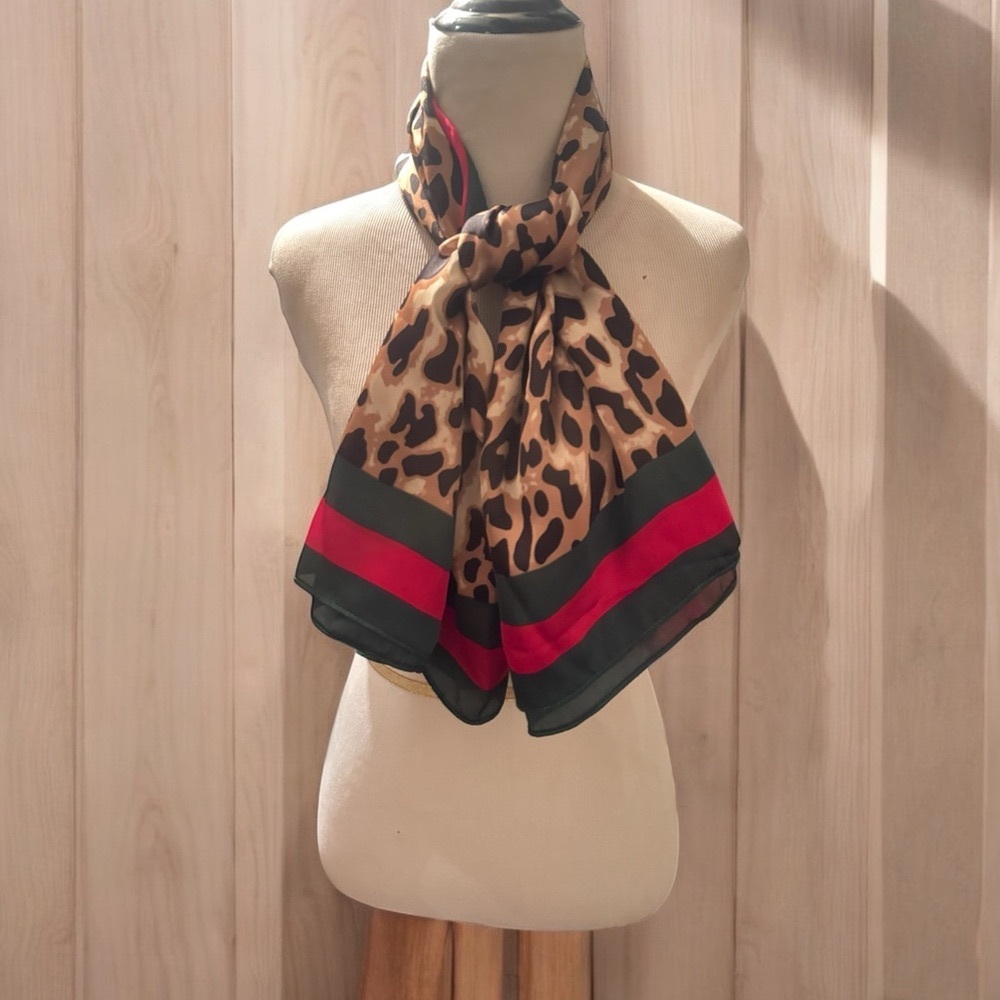 Evolving Always Leopard Print Silk Scarf with Red and Black Stripes